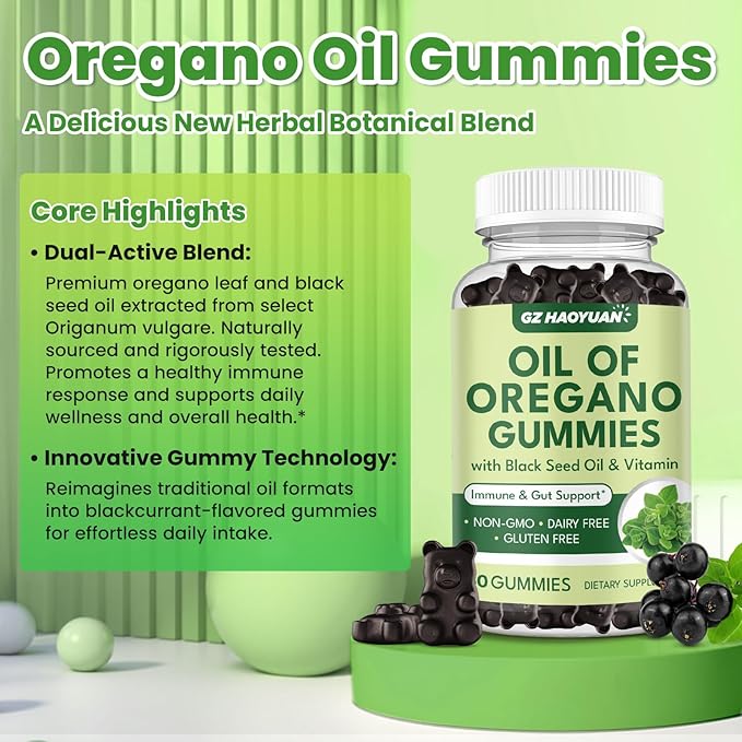 Oil of Oregano Gummies with Black Seed Oil + Vitamin D3, Oregano Oil Organic High Carvacrol, Immune & Digestive Support, Antioxidant Support, 60 Gummies