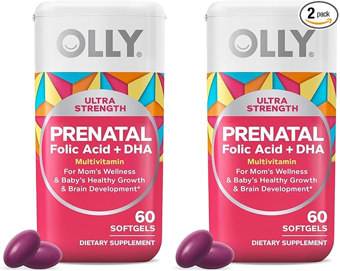 OLLY Ultra Strength Prenatal Multivitamin Softgels,Supports Healthy Growth,Brain Development,Iron,Folic Acid,DHA,Vitamins C,E,30 Day Supply-,60 Count (Pack of 2)