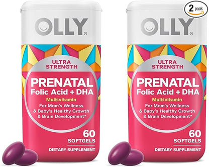 OLLY Ultra Strength Prenatal Multivitamin Softgels,Supports Healthy Growth,Brain Development,Iron,Folic Acid,DHA,Vitamins C,E,30 Day Supply-,60 Count (Pack of 2)