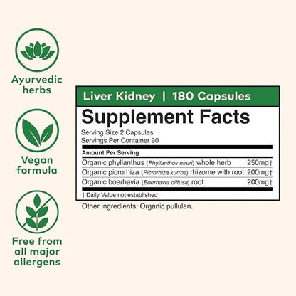 ORGANIC INDIA Liver Kidney Herbal Supplement - Detoxify & Rejuvenate, Supports Healthy Liver & Kidney Function, Vegan, Gluten-Free, Kosher, USDA Certified Organic, Non-GMO - 180 Capsules