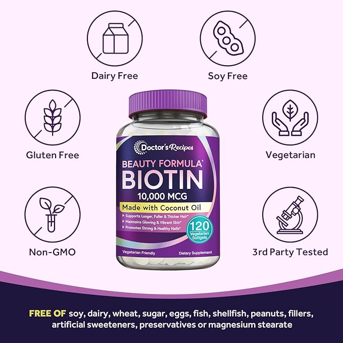 Doctor's Recipes Biotin 10,000 mcg, Hair Growth, Healthy Skin & Nails, Energy Metabolism, Vegetarian-Friendly Biotin, with Coconut Oil, Non-GMO, 4 Month Supply, 120 Vegetarian Softgels