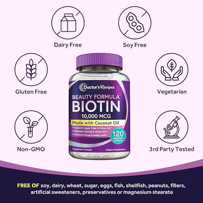 Doctor's Recipes Biotin 10,000 mcg, Hair Growth, Healthy Skin & Nails, Energy Metabolism, Vegetarian-Friendly Biotin, with Coconut Oil, Non-GMO, 4 Month Supply, 120 Vegetarian Softgels