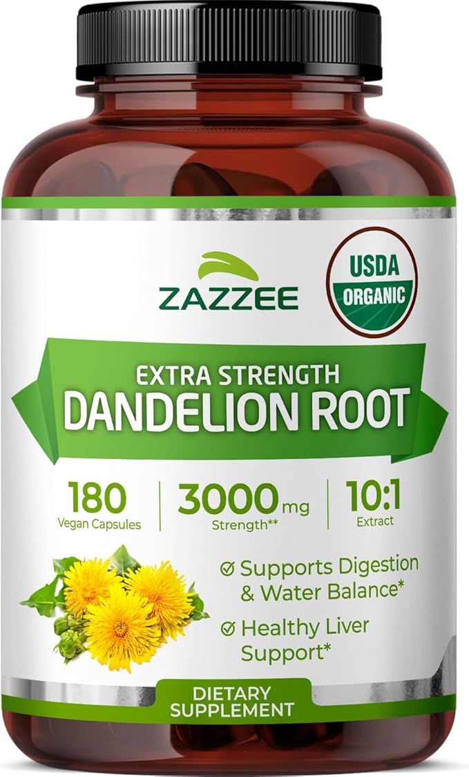 Zazzee USDA Organic Dandelion Root 10:1 Extract, 180 Capsules, 6 Month Supply, Liver & Detox Support, Taraxacum Officinale, Organic Herbal Supplement, All-Natural, Non-GMO, Made in the USA