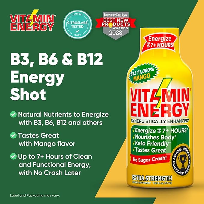 Vitamin Energy B12 11,000% Extra Strength Energy Shot Mango 48 Pack, 260mg Natural Caffeine, B12 & B6, Nootropic Focus, Vitality, Zero Sugar, Gluten-Free, Vegan, Kosher, 1.93 fl oz