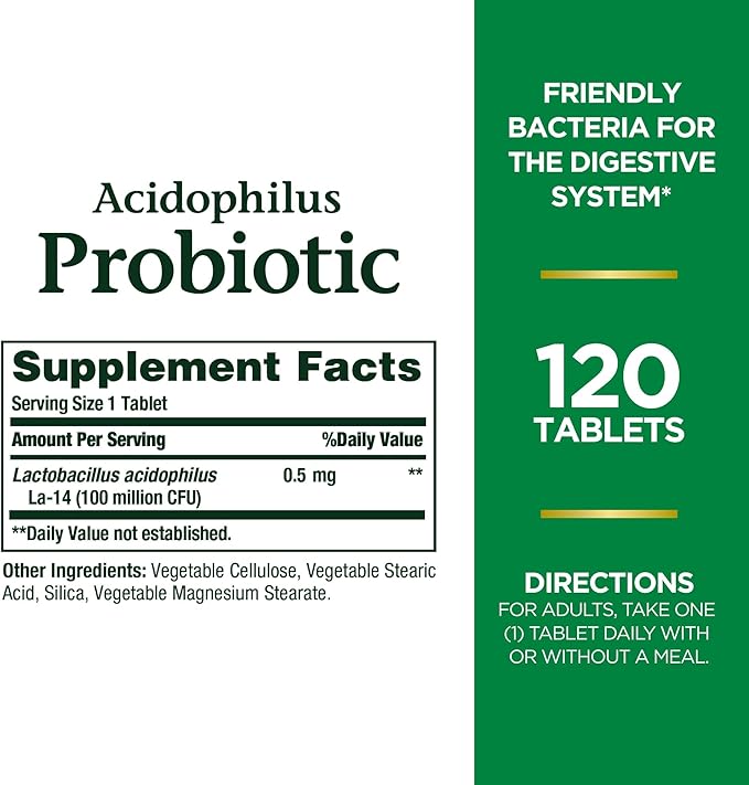 Nature's Bounty Lactobacillus Acidophilus Probiotic Supplement - Daily Probiotic for Women/Men Digestive Health,100 Million Organisms,Vegetarian,1 Serving per Day,120 Tablets,(Pack of 2)