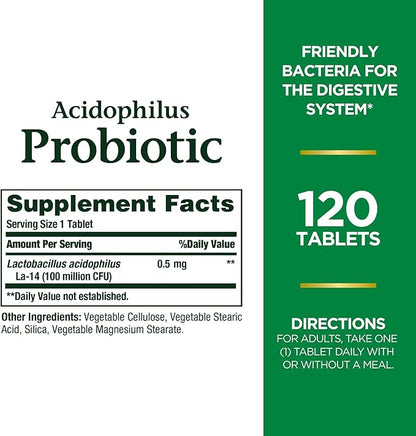 Nature's Bounty Lactobacillus Acidophilus Probiotic Supplement - Daily Probiotic for Women/Men Digestive Health,100 Million Organisms,Vegetarian,1 Serving per Day,120 Tablets,(Pack of 2)