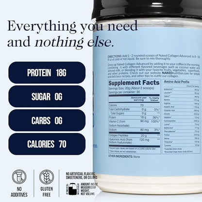 NAKED Collagen Advanced - Peptides Protein Powder, Hyaluronic Acid, Vitamin C, Pasture-Raised, Grass-Fed Hydrolyzed Collagen Supplement, Paleo Friendly, Non-GMO, Keto, Gluten Free, 1.3LB