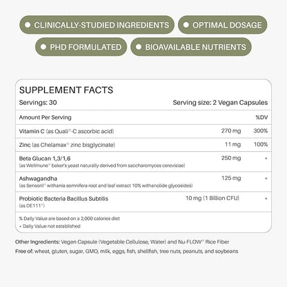 Defend Immune & Gut Support – Spore Probiotic DE111®, Beta Glucan, Ashwagandha – Supports Immunity, Gut Health, Stress & Bloating Relief Supplement – 60 Capsules