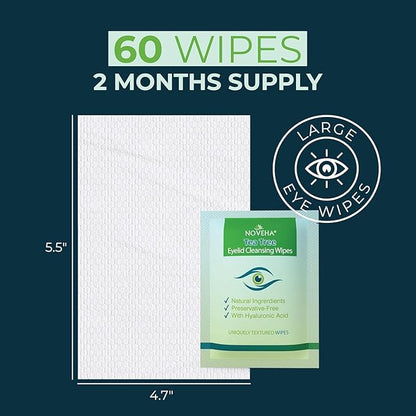 NOVEHA 360PCs Tea Tree Oil Eyelid & Lash Wipes With Hyaluronic Acid, Green Tea & Chamomile For Blepharitis & Itchy Eyes, Individually Wrapped Eyelash Wipes Natural Makeup Remover & Daily Cleanser