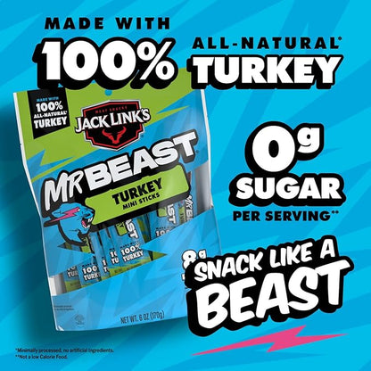 Jack Link’s x MrBeast Turkey Mini Sticks, As Seen on Beast Games, 8g Protein, Made with 100% All Natural Turkey, Zero Sugar, Pantry-Ready Snacks, 12 Count