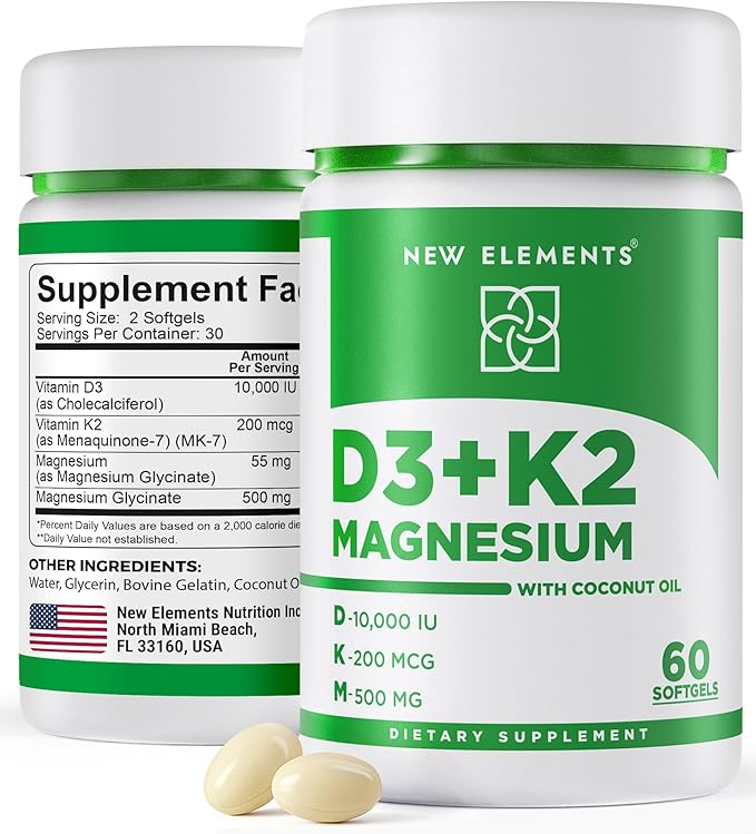 New Elements Vitamin D3 K2 10,000 IU with Magnesium Glycinate 500mg - Bone Health, Immune Support, Energy & Mood - Non-GMO, Gluten-Free, Sugar-Free Softgels for Women & Men (60 softgels)