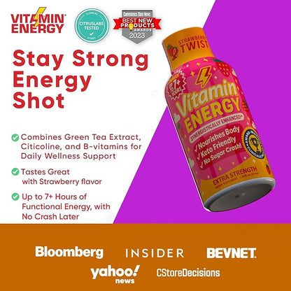 Vitamin Energy Immune+ Extra Strength Energy Shot Strawberry Twist 10 Pack, 260mg Natural Caffeine, B-Vitamins, Citicoline, Green Tea, Immunity & Focus Support, Zero Sugar, Gluten-Free 1.93 fl oz