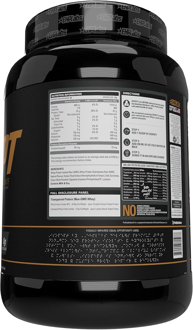 IsoPept Hydrolyzed Whey Protein Powder by EHPlabs - 100% Whey Protein Isolate & Hydrolysate, 27g of Protein, Non-GMO, Gluten Free, Fast Absorbing, Easy Digesting, 27 Serves (Strawberry Milkshake)