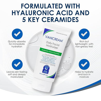 Vanicream Daily Facial Moisturizer With Ceramides and Hyaluronic Acid - Formulated Without Common Irritants for Those with Sensitive Skin, 3 fl oz (Pack of 1)