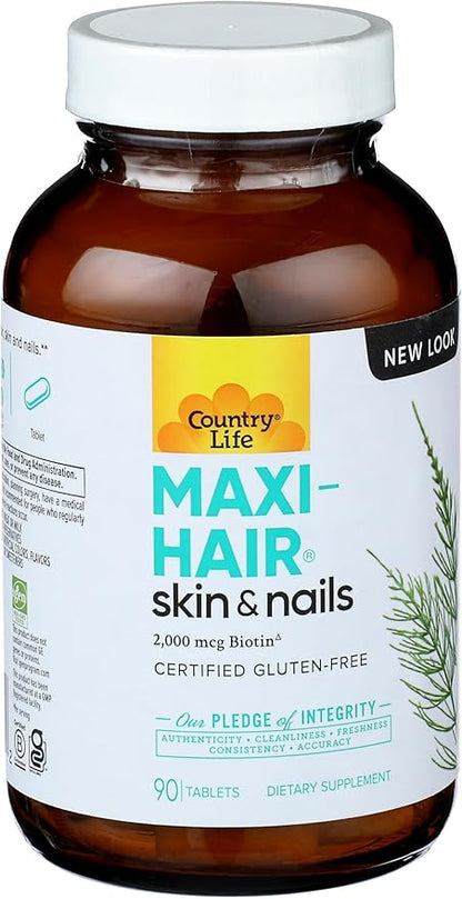 Country Life Maxi-Hair Supplement - 2000mcg Biotin & Vitamins for Hair, Skin & Nails - Certified Gluten-Free & Vegetarian - Supports Hair Growth, 90 Tablets