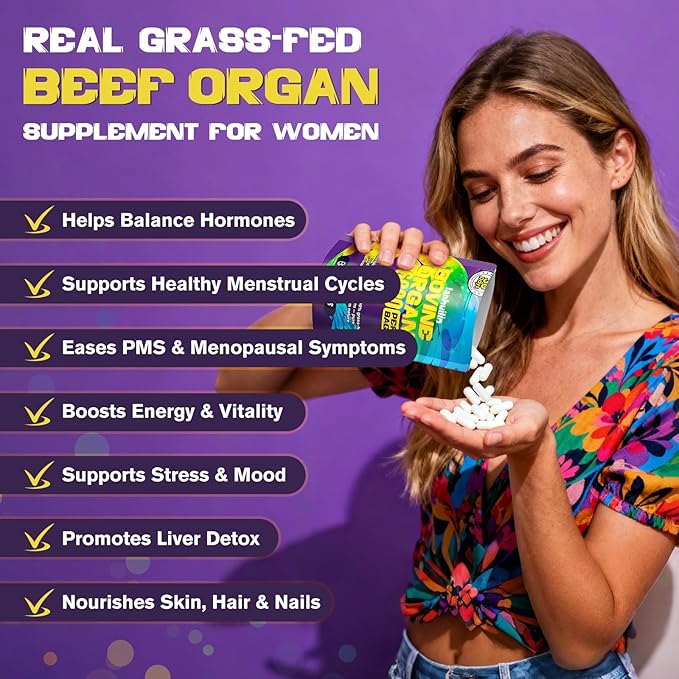 Beef Organ Supplement for Women - 100% Grass Fed Beef Organs with Bovine Liver, Ovary, Uterus, Kidney, Heart & Fallopian Tubes - PMS, Menopause & Energy, Immune & Mood Support, 60 Count