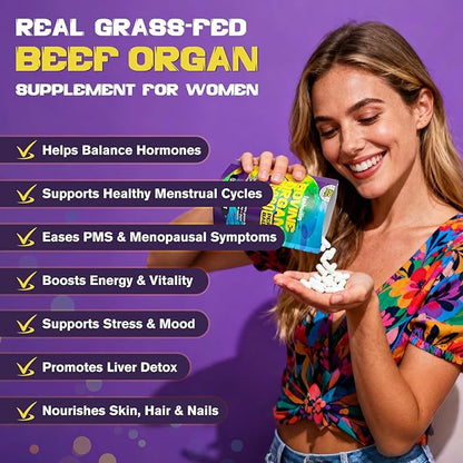 Beef Organ Supplement for Women - 100% Grass Fed Beef Organs with Bovine Liver, Ovary, Uterus, Kidney, Heart & Fallopian Tubes - PMS, Menopause & Energy, Immune & Mood Support, 60 Count