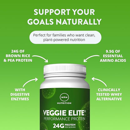 MRM Veggie Elite Performance Protein - Chocolate Mocha, Plant-Based Powder, 24g Protein per Serving with BCAAs & Digestive Enzymes, Clinically Tested - Vegan, Gluten-Free - 31 Servings