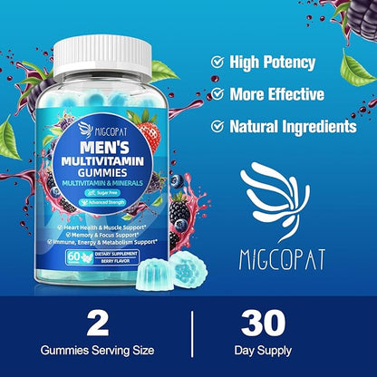 Migcopat 2-Pack Multivitamin for Men, Mens Multivitamins Gummies w/Omega-3, Probiotics, Inositol, Folate, Male Support Blend, Vitamins A, C, D, E, B - Support Heart, Brain, Muscle, Energy, Sugar-Free