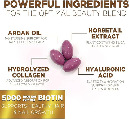 Hair, Skin & Nails Vitamins - Biotin 5000mcg Per Serving - Extra Strength Hair Growth Support For Women with Collagen, Argan Oil - Beautiful Skin, Hair & Nails Supplement - USA Bottled - 120 Softgels