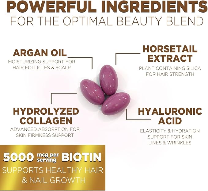 Hair, Skin & Nails Vitamins - Biotin 5000mcg Per Serving - Extra Strength Hair Growth Support For Women with Collagen, Argan Oil - Beautiful Skin, Hair & Nails Supplement - USA Bottled - 60 Softgels