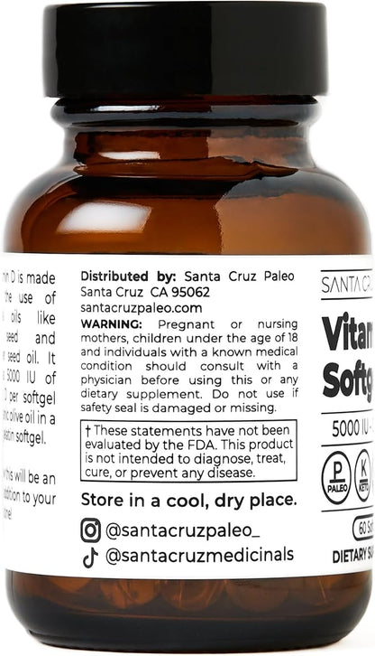 Santa Cruz Paleo Vitamin D3 5000 IU Softgels, Daily Supplement with Olive Oil for Men and Women, Formulated for Absorption, Supports Bone Health, Gluten Free, Sugar Free, Paleo, Keto, 60 Count