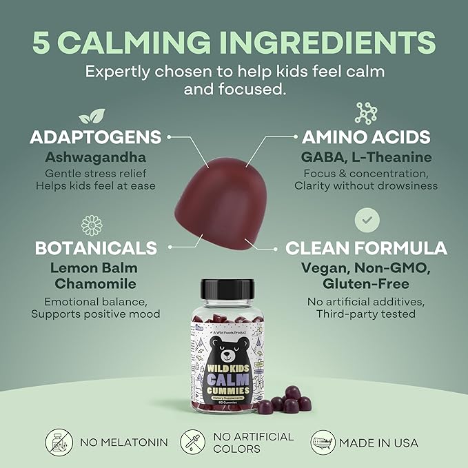 Wild Foods Kids Calm Gummies - Ashwagandha Gummies for Kids w/GABA, L-Theanine, Lemon Balm & Charmomile - Support Natural Relaxation, Stress Relief & Sleep, for Children 4+, Berry Flavor, 60 Count
