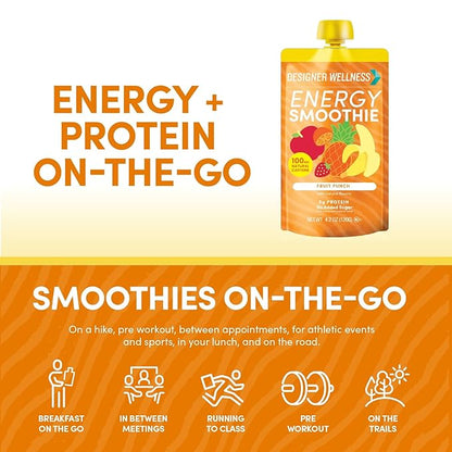 Designer Wellness Energy Smoothie, Real Fruit, 100mg Natural Caffeine, 5g Protein, Low Carb, Zero Added Sugar, Gluten-Free, Fruit Punch, 12 Count