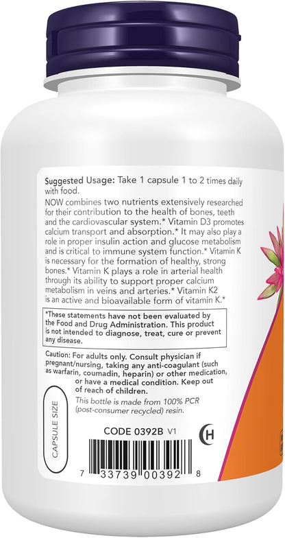 Now Supplements, Vitamin D3 & K2, 1,000 IU/45 mcg, Plus Cardiovascular Support*, Supports Bone Health*, 240 Veg Capsules