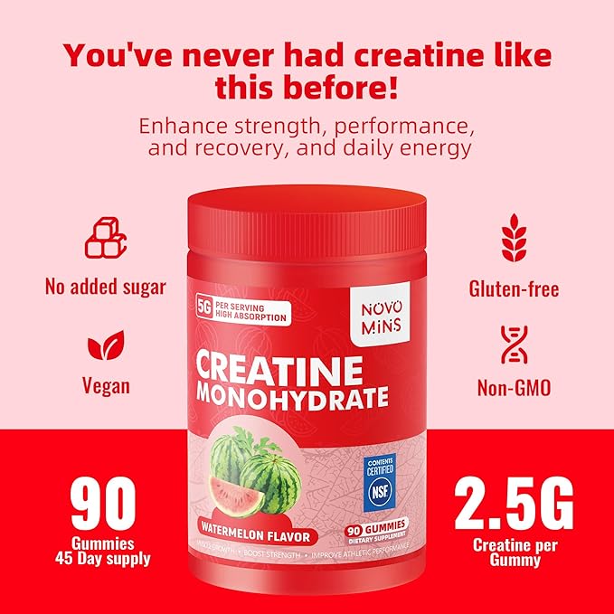 novomins Creatine Monohydrate Gummies for Men & Women, Chewables Creatine Monohydrate for Muscle Strength, Muscle Builder, Energy Boost, Pre-Workout Supplement(90 Count)-Watermelon Flavor. 1 Pack