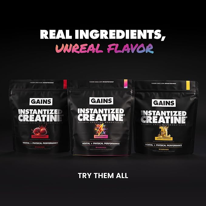 Gains in Bulk Instantized Creatine Monohydrate for Men & Women, Soluble Pre Workout Powder, Supports Muscle Building, Strength and Performance, Bodybuilding Supplements, Sour Gummy, 30 Servings