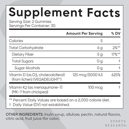 Sports Research® Vegan Vitamin D3 + K2 Sugar-Free Gummies - 125mcg (5000iu) Vitamin D w/ 100mcg Mk7 Vitamin K - Supports Bone & Immune Health* - Vegan Certified · Non-GMO · Soy Free - 60 Count
