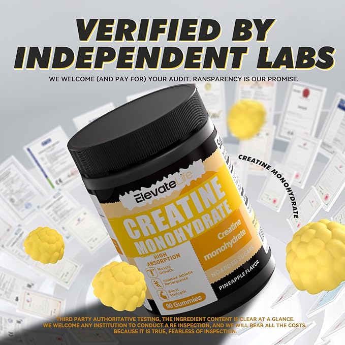 ElevateLife NSF Certified Creatine Monohydrate Gummies 5000mg for Men & Women, Chewables Creatine Monohydrate for Muscle Strength, Muscle Builder, Energy Boost, Pre-Workout Supplement-90 Pineapple