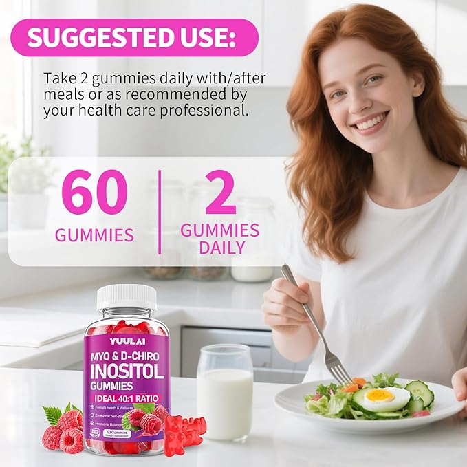 Pack of 2 Myo-Inositol & D-Chiro Inositol Gummies, 40:1 Ratio Inositol Supplement with Vitamin D3, Magnesium Glycinate, Folate & Zinc, for Female Health & Wellness, Raspberry Flavor, 120 Count