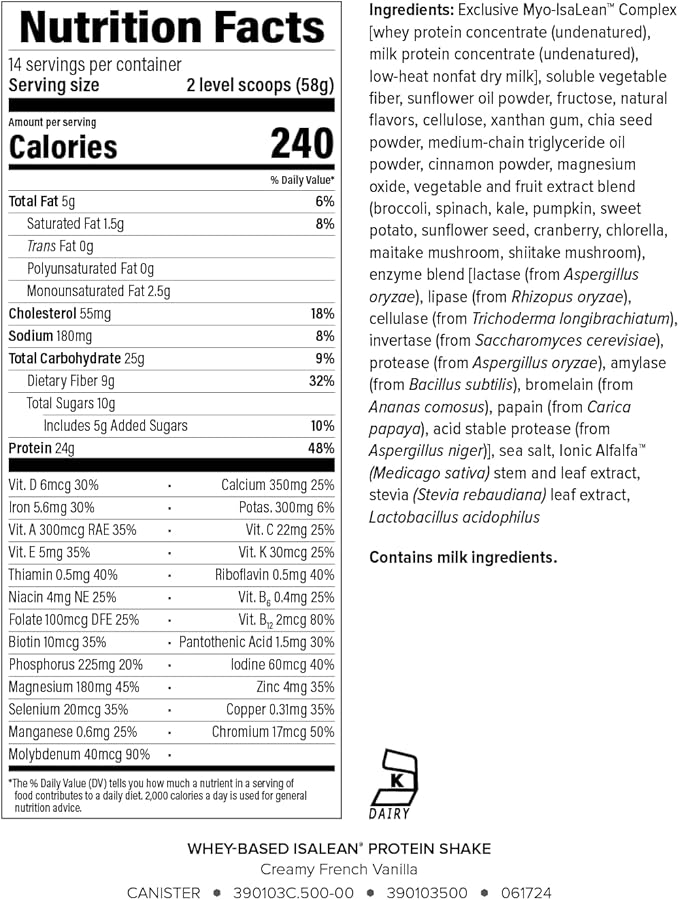 IsaLean Protein Shake - Complete Superfood Meal Replacement for Maintaining Healthy Weight and Lean Muscle Growth with 24 Vitamins and Minerals - 28.6 oz - 14 Meal Canister (Creamy French Vanilla)
