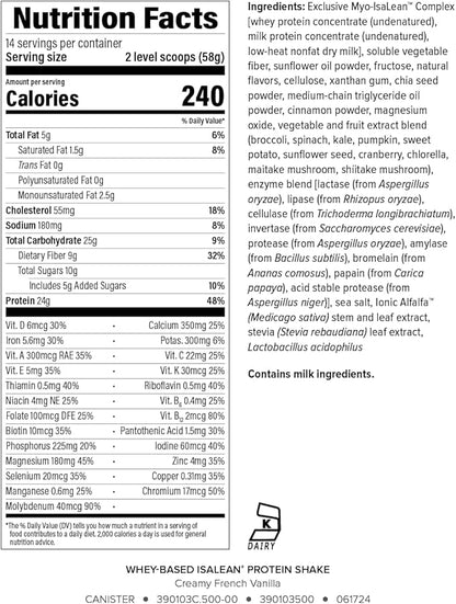 IsaLean Protein Shake - Complete Superfood Meal Replacement for Maintaining Healthy Weight and Lean Muscle Growth with 24 Vitamins and Minerals - 28.6 oz - 14 Meal Canister (Creamy French Vanilla)