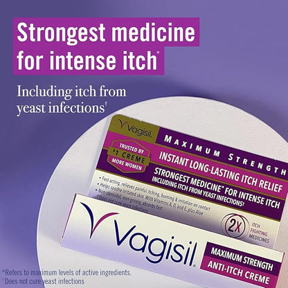 Vagisil Maximum Strength Feminine Anti-Itch Cream with Benzocaine for Women, Helps Relieve Yeast Infection Irritation, Gynecologist Tested, Fast-Acting, Soothes and Cools Skin, 1 oz