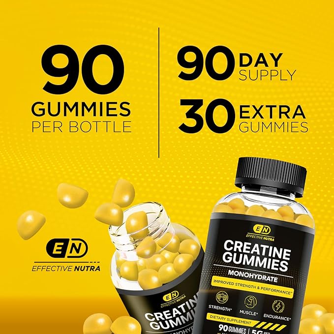 Effective Nutra Creatine Monohydrate Gummies - 1g Creatine per Gummy - Vegan Muscle & Strength Supplement for Men & Women - Supports Muscle Growth, Energy, Endurance - Lemon Flavor, Made in USA (90ct)