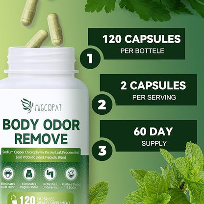 Chlorophyll Body Deodorizing Supplement 2 Pack, Chlorophyll Capsules with Parsley & Peppermint, Probiotic, Green Tea, Jerusalem Artichoke, Prebiotic, Supports Fresh Breath & Whole-Body Freshness