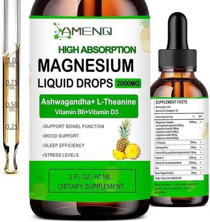 Liquid Magnesium Supplement, Organic 5-in-1 Magnesium Complex Drops 丨 Glycinate, Taurate, Oxide, Malate, Citrate w/L-Theanine, Ashwagandha for Cortisol, Sleep*, Stress, Muscle,
