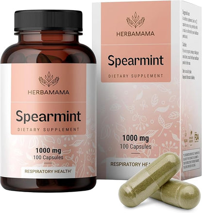 HERBAMAMA Spearmint Capsules - 1000 mg Spearmint Leaf Capsules for Digestive Support - Vegan, Non-GMO Digestive & Skin Supplement - 50-Day Supply