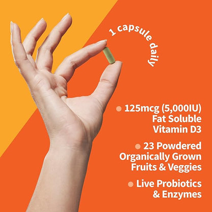 Garden of Life Vitamin D3 5000 IU, Raw Whole Food Supplements with Chlorella, Fruit, Veggies & Probiotics for Bone & Immune Health, 60 Vegetarian Capsules