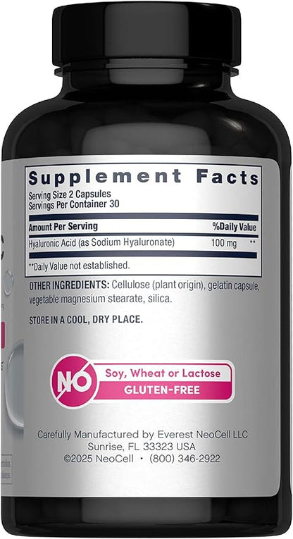 NeoCell Hyaluronic Acid Capsules | 60 Pills | 100mg | Advanced Formula Supplement | Skin Hydration & Suppleness