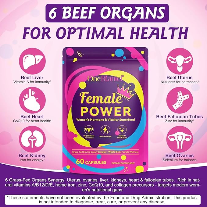 Beef Organ Supplement for Women, Natural Grass Fed Beef Liver Capsules,Supports Feminine Hormone Balance, Menstruation, Immunity, Skin, Collagen, B12, Energy & Wellness - 60 (2)