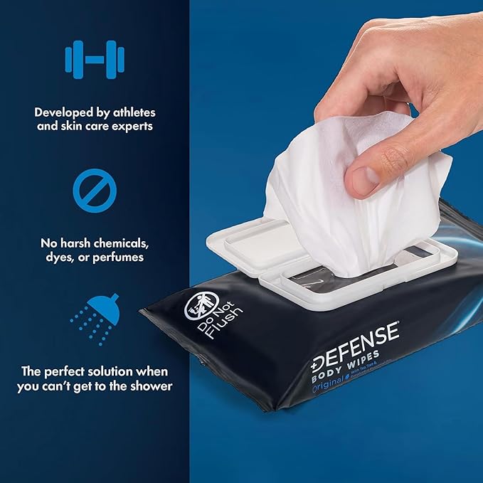Defense Soap All Natural Body Wipes with Tea Tree Oil | Wrestling, Combat, Camping, Gym, Post Workout Shower Wipes for Men and Women. 40 Count