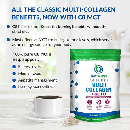 BioTrust Multi Collagen Protein Powder + Keto MCT Oil – 5 Types (I, II, III, V, X) & 100% Caprylic Acid C8 - Support Elevated Ketones, Metabolism, Joints & Beauty All in 1 Collagen Powder (Unflavored)