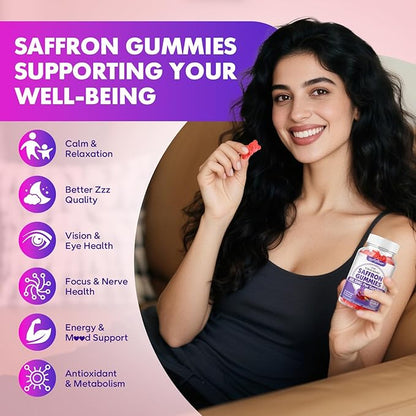softbear Saffron Gummies for Kids & Adults, 10-in-1 Organic Saffron Supplements with 88.5mg Saffron Extract Support Calm Mind & Focus & Zzz, Sugar Free/Non-GMO, Raspberry Flavor 60 Count