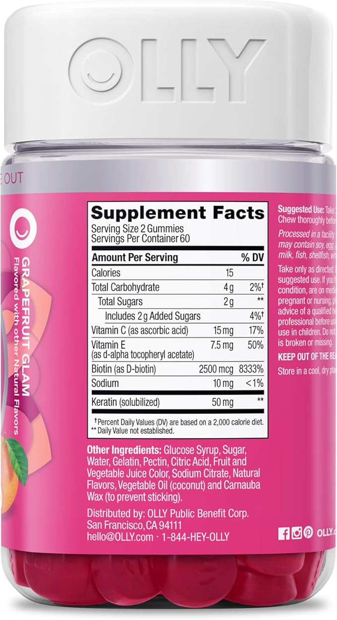 OLLY Undeniable Beauty Gummy, for Healthy Hair, Skin & Nails,* Biotin, Vitamins C & E, Keratin, Chewable Supplement, Grapefruit Flavored, 60 Day Supply -, 120 Count (Pack of 2)