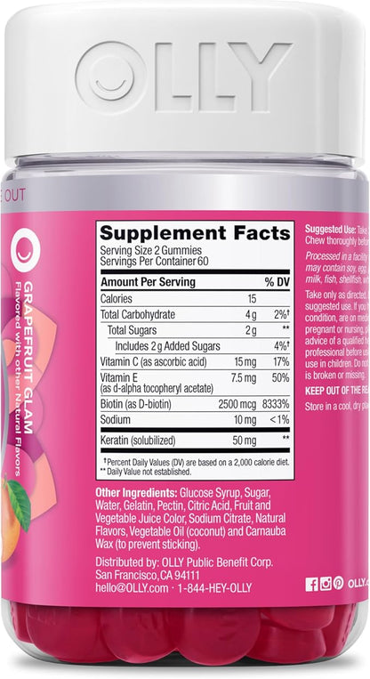OLLY Undeniable Beauty Gummy, for Healthy Hair, Skin & Nails,* Biotin, Vitamins C & E, Keratin, Chewable Supplement, Grapefruit Flavored, 60 Day Supply -, 120 Count (Pack of 2)