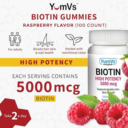 YUM-V's Biotin Gummies – High Potency Biotin Vitamins 5,000 mcg – Natural Raspberry Flavor Hair Vitamins – Kosher Hair Skin and Nails Gummies (100 Count)